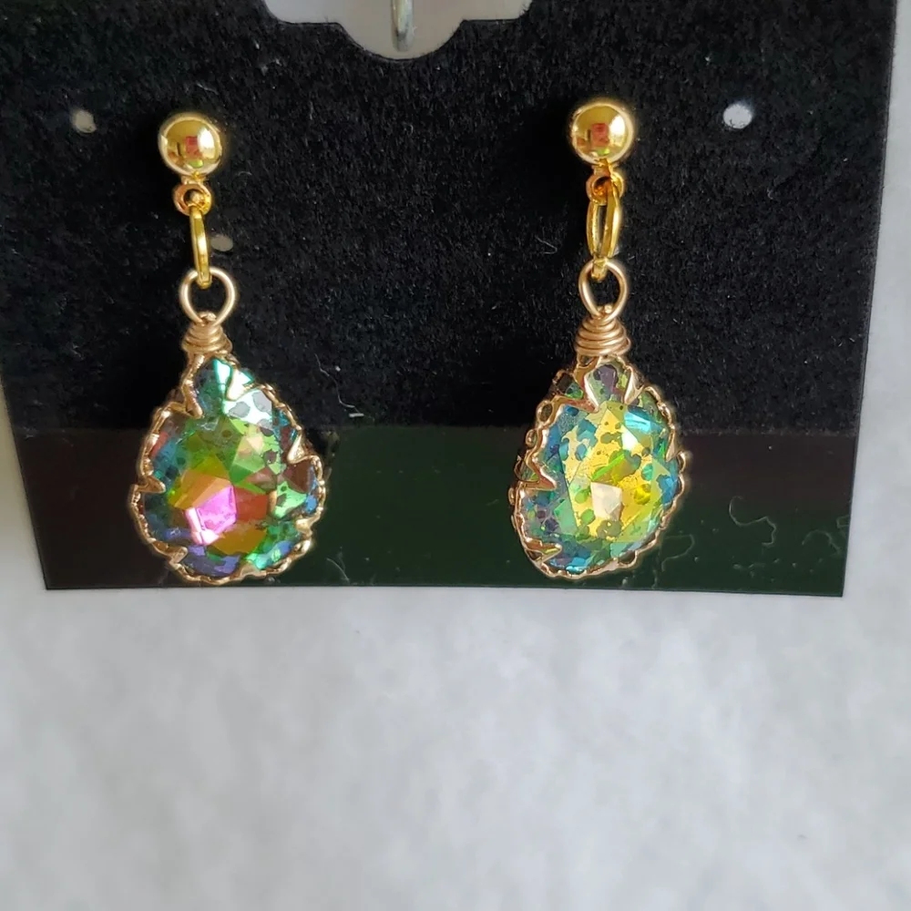 Womens gold & iridescent stone post earrings